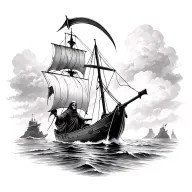 grim reaper holding a scythe on a boat sailing towards island  tattoo design idea