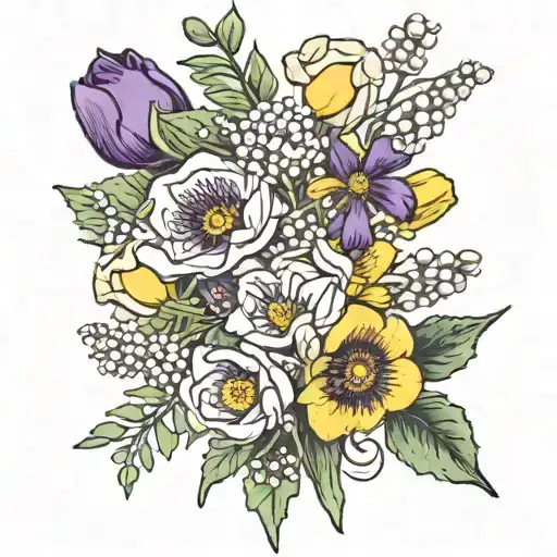 red Poppy flower, lily of the valley flower, yellow daffodils, and purple aster flower bouquet  tattoo design idea