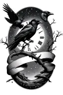 night sky, crows, tree branch, time, ribbon tattoo design idea