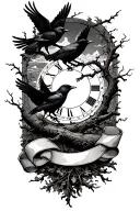 night sky, crows, tree branch, time, ribbon tattoo design idea