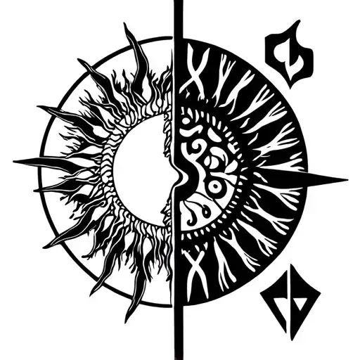 Nordic and Egyptian rune tattoo, in a circle, with roots of a tree on the meaning of life, half a sun, half a half tattoo design idea
