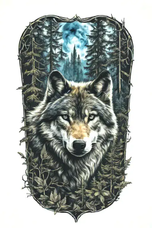 wolf blue eyes howling forest landscape tattoo design idea