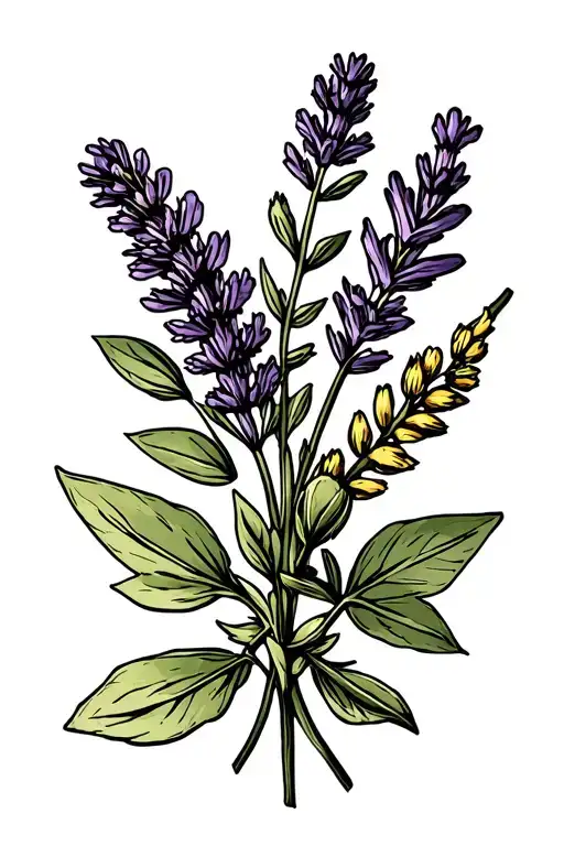 A narrow bundle of herb consisting of sage, lavender, thyme and goldenrod tattoo design idea