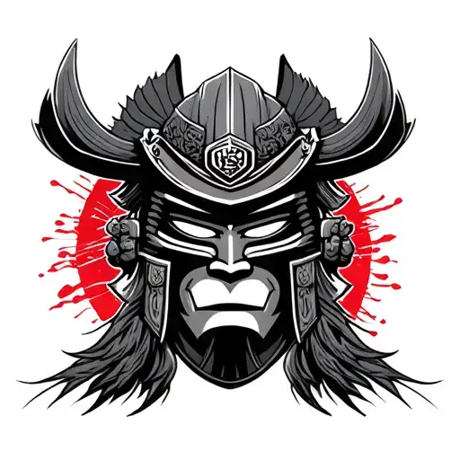 Shogun mask with standing samurai in the middle tattoo design idea