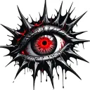 Satanic Realistic Eye, cracked and bleeding. dark black blood red. Bleeding Thorns black spider web and Silver Horns tattoo design idea