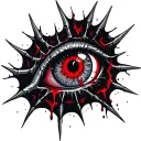 Satanic Realistic Eye, cracked and bleeding. dark black blood red. Bleeding Thorns black spider web and Silver Horns tattoo design idea