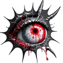 Satanic Realistic Eye, cracked and bleeding. dark black blood red. Bleeding Thorns black spider web and Silver Horns tattoo design idea
