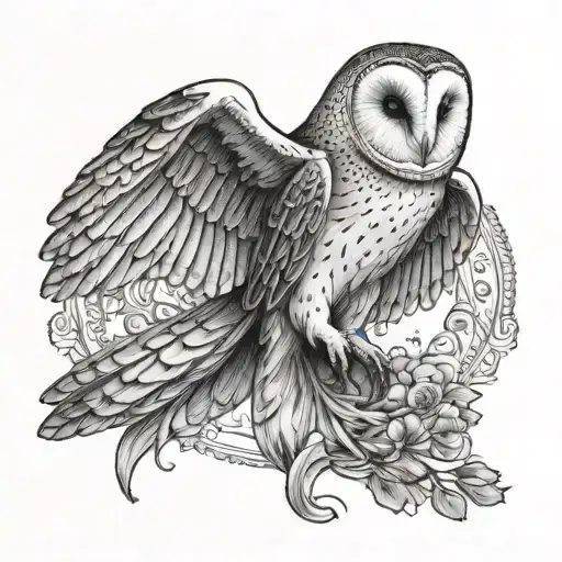 barn owl with wings spread in a ptterned background tattoo design idea