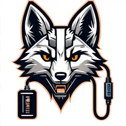 Mechanical fox head logo. Fox head is plugged into a battery. Low detail, simple design. tattoo design idea