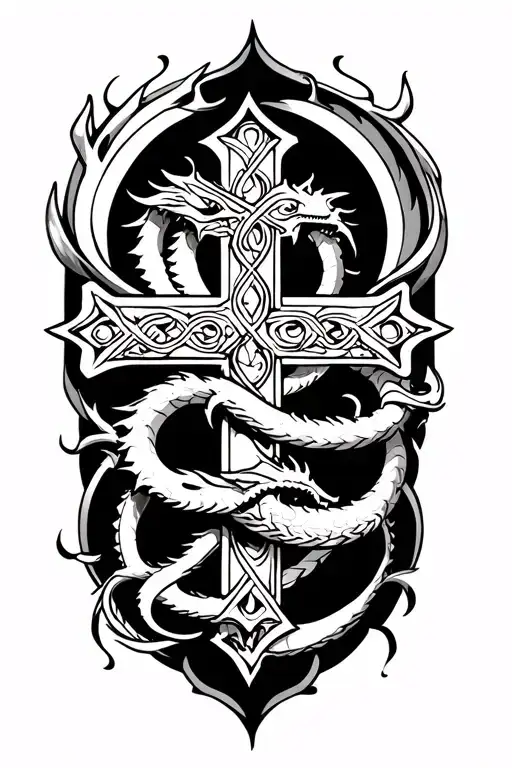 A tattoo of a cross with a dragon entwined around it, symbolizing the eternal battle between light and darkness tattoo design idea