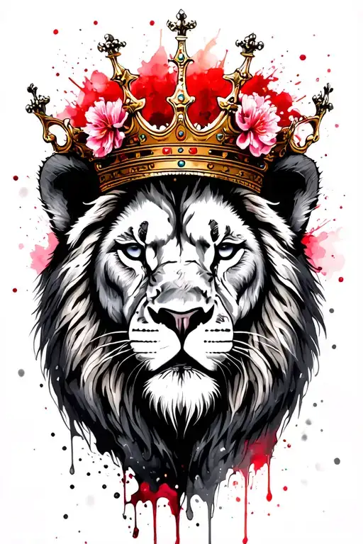 CROWNED LION HEAD WITH CHERRY BLOSSOM AND WATERCOLOR PAINT tattoo design idea