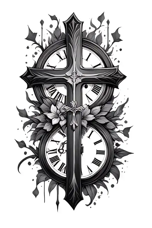 crosses and clocks left shoulder tattoo design idea