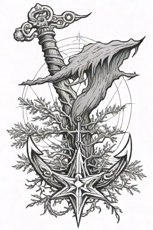 anchor ending as a red cedar tree with a nautical star in the middle tattoo design idea