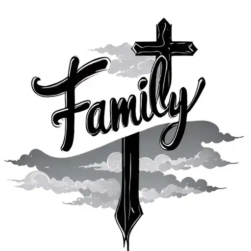 cross shaded with clouds above saying family tattoo design idea