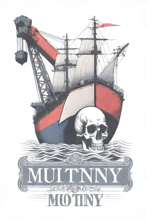 Container Ship with a crane behind and a skull and anchor with text below that says Mutiny  tattoo design idea