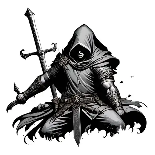 hooded warrior wielding a sword tattoo design idea