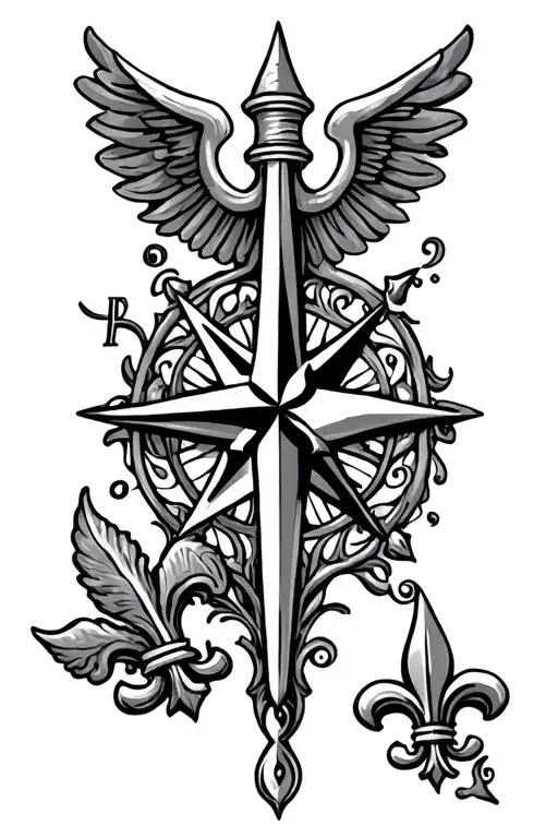 filigree design with compass and knights Templar with fleur de lis tattoo design idea