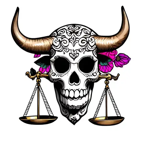bull sugar skull with Libra scales balancing life tattoo design idea