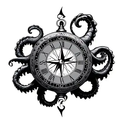 kraken clock compass + clock intertwined formed by tattoo design idea
