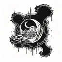 moon-with-liquid-blood-flows-down-half cyber sigilism many many many many curves lines, detailed horror, blood tattoo design idea