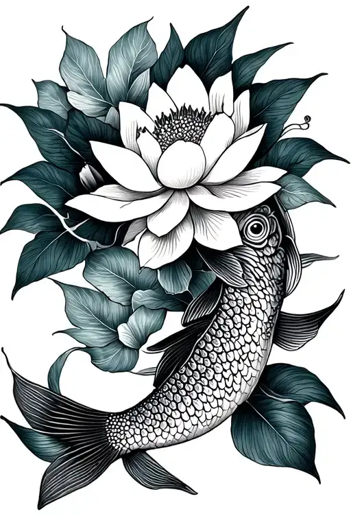 fine, feminine and simple lines, tattoo with carp and lotus flowers in Asian style, 15 cm tattoo design idea