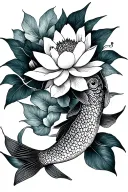 fine, feminine and simple lines, tattoo with carp and lotus flowers in Asian style, 15 cm tattoo design idea