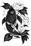 fine, feminine and simple lines, tattoo with carp and lotus flowers in Asian style, 15 cm tattoo design idea