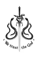 Hands and snakes of Karma Karma's heart and the sword of the lion text We trust God in English tattoo design idea
