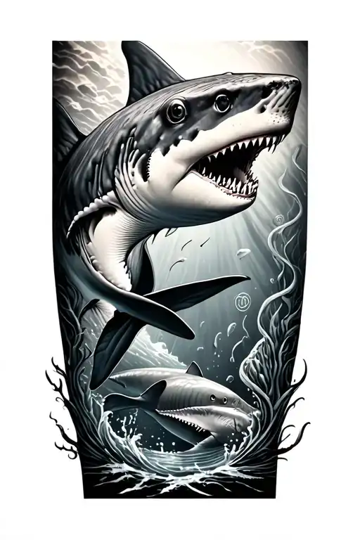 ocean themed, sharks , whale shark, sea creatures, free diver, full leg  tattoo design idea