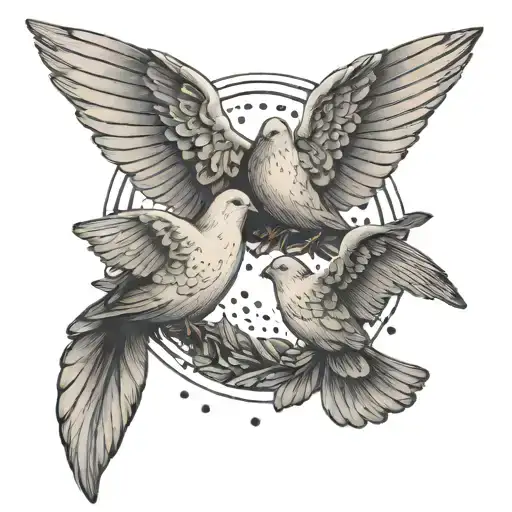 three doves flying around in circle with wings open and each carrying a olive leaf tattoo design idea