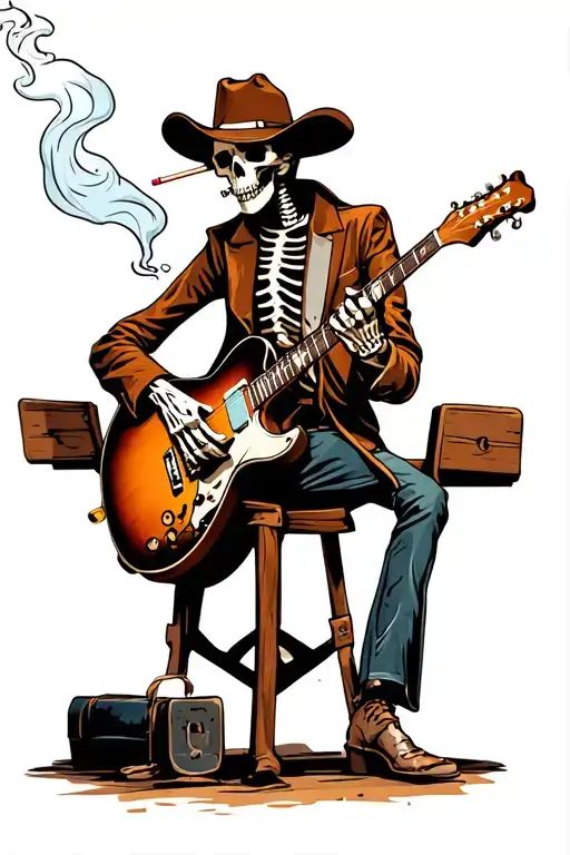 cowboy skeleton playing guitar smoking cigarette tattoo design idea
