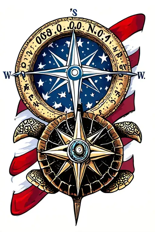 "00'00.0 N/S 080'41.415W" turtle shell with compass rose; 4th of July themed; neptune's trident tattoo design idea