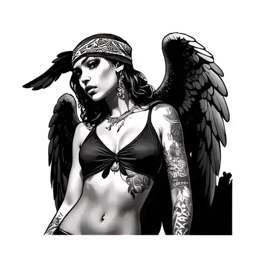 sexy angel wearing bandanna being a gangster tattoo design idea