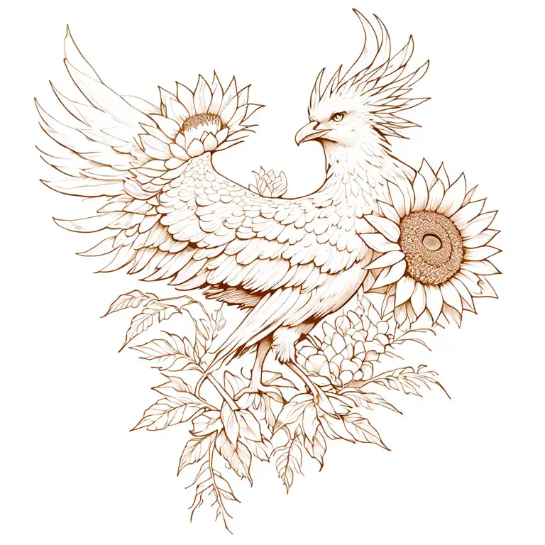 Phoenix with sunflowers and lotus tattoo design idea