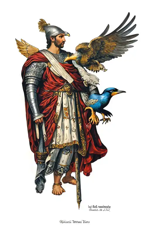Ancient Roman warrior magician theme with Romanesque church, an imperial eagle, a swallow and a Saint Roch tattoo design idea