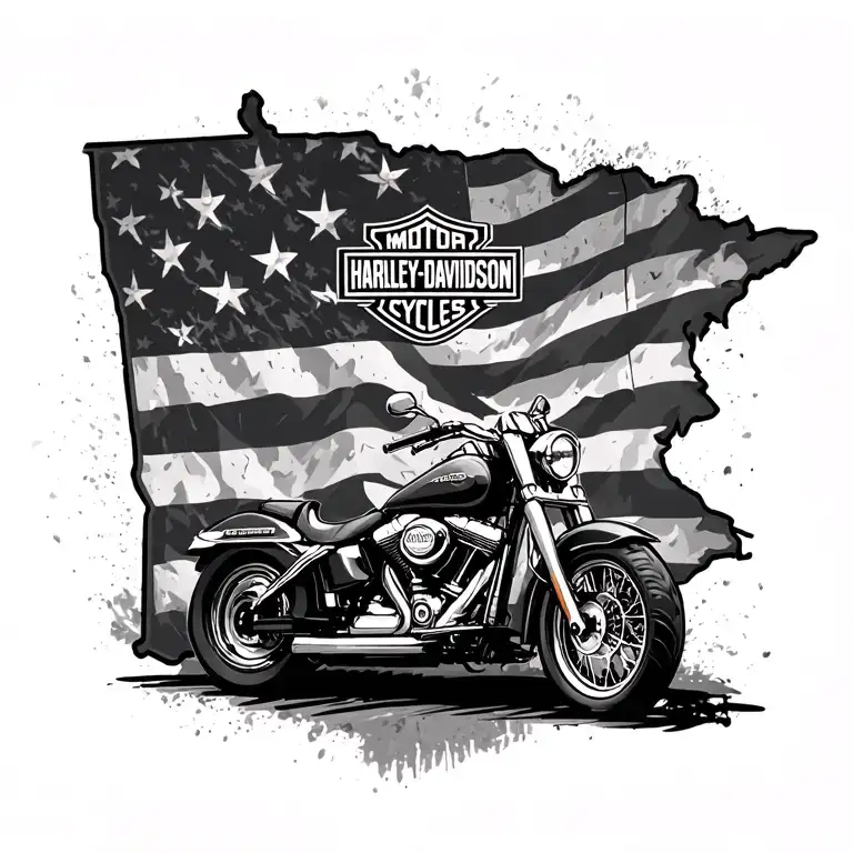 create me a tattoo with the Minnesota bordein the background and a Harley Davidson Pan America motorcycle in the front tattoo design idea