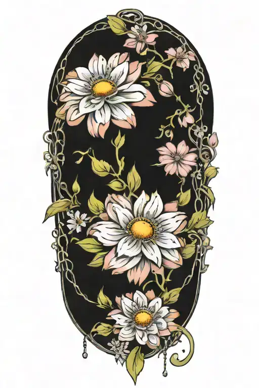 An intricate tattoo with a chain of daisys cosmos flowers and roses tattoo design idea