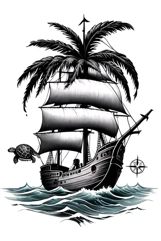 palm tree, tallship,sea turtle,compass,map tattoo design idea