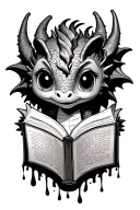 baby dragon with big eyes reading an open book with the words of the pages dripping off  tattoo design idea