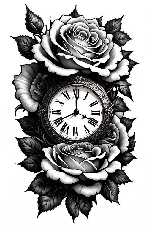 Rose clock embedded tattoo design idea