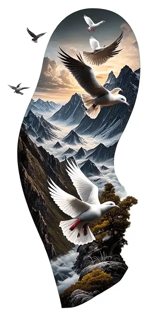 A detailed mountain landscape featuring 5 doves flying tattoo design idea