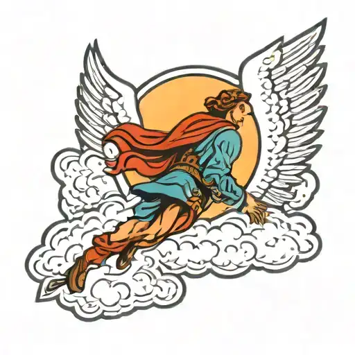 angel surrounded by clouds, leaving earth and looking back to you tattoo design idea