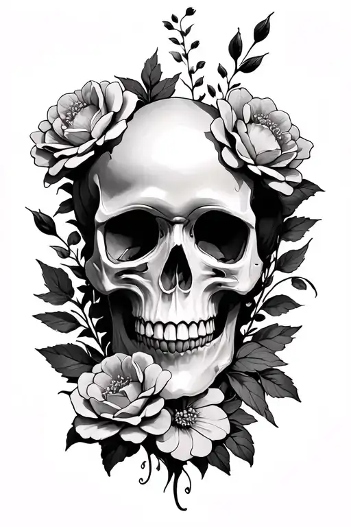 skull and flowers tattoo design idea