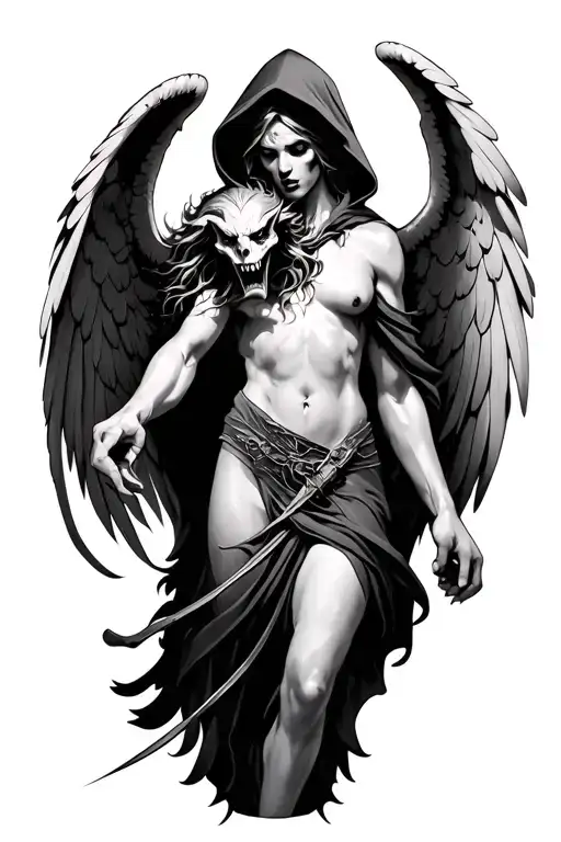 Hooded Angel killing A Demon tattoo design idea