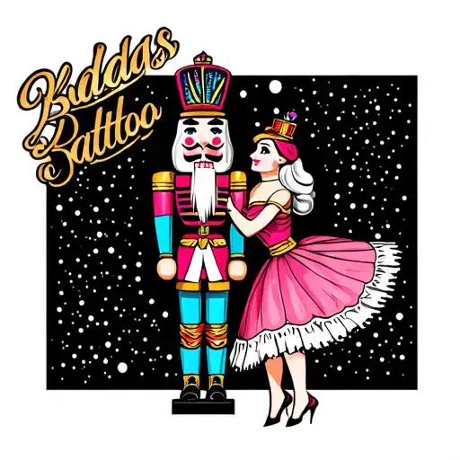 black and white badass tatted nutcracker with a shorter colorful ballerina leaning against nutcracker tattoo design idea
