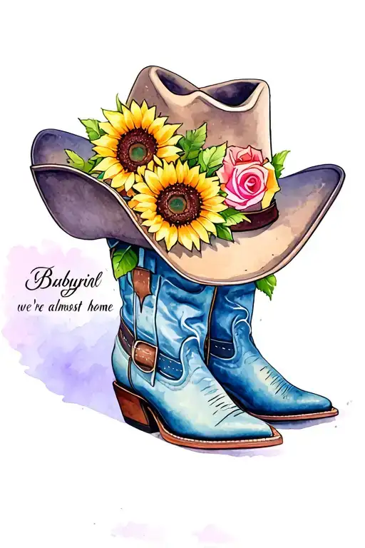 "Babygirl we're almost home" sunflowers and roses blooming on cowboy hat and boots tattoo design idea
