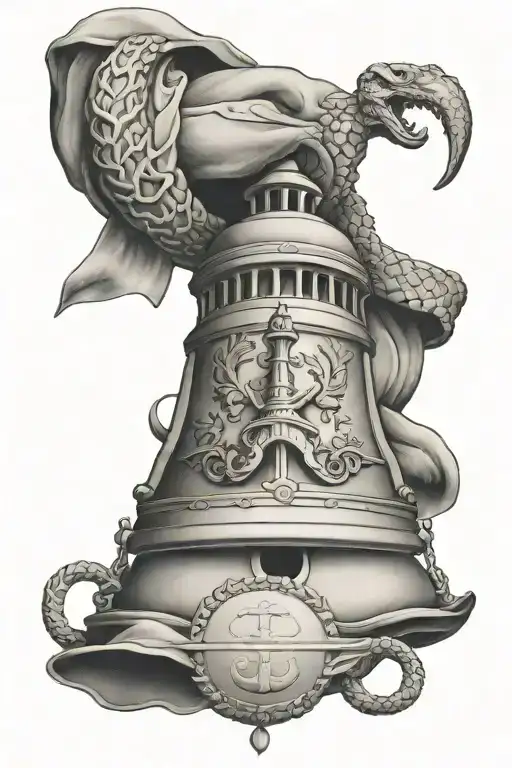 snake wrapping around statu of liberty bell with anchor tattoo design idea