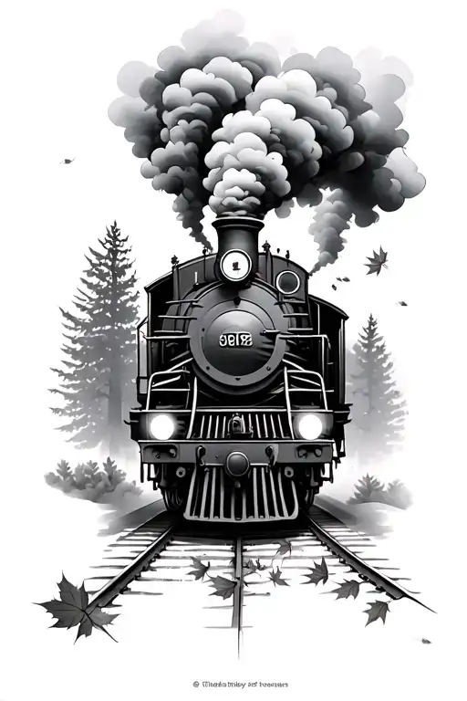 steam train facing forward with fall leaves churning up  tattoo design idea