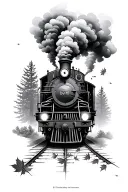 steam train facing forward with fall leaves churning up  tattoo design idea