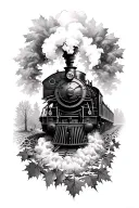 steam train facing forward with fall leaves churning up  tattoo design idea